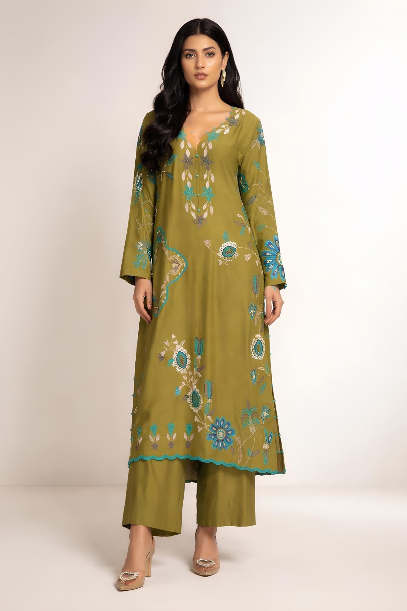 RAYA OLIVE SET embroidered kurta in XS – Subahstore South Asian fashion